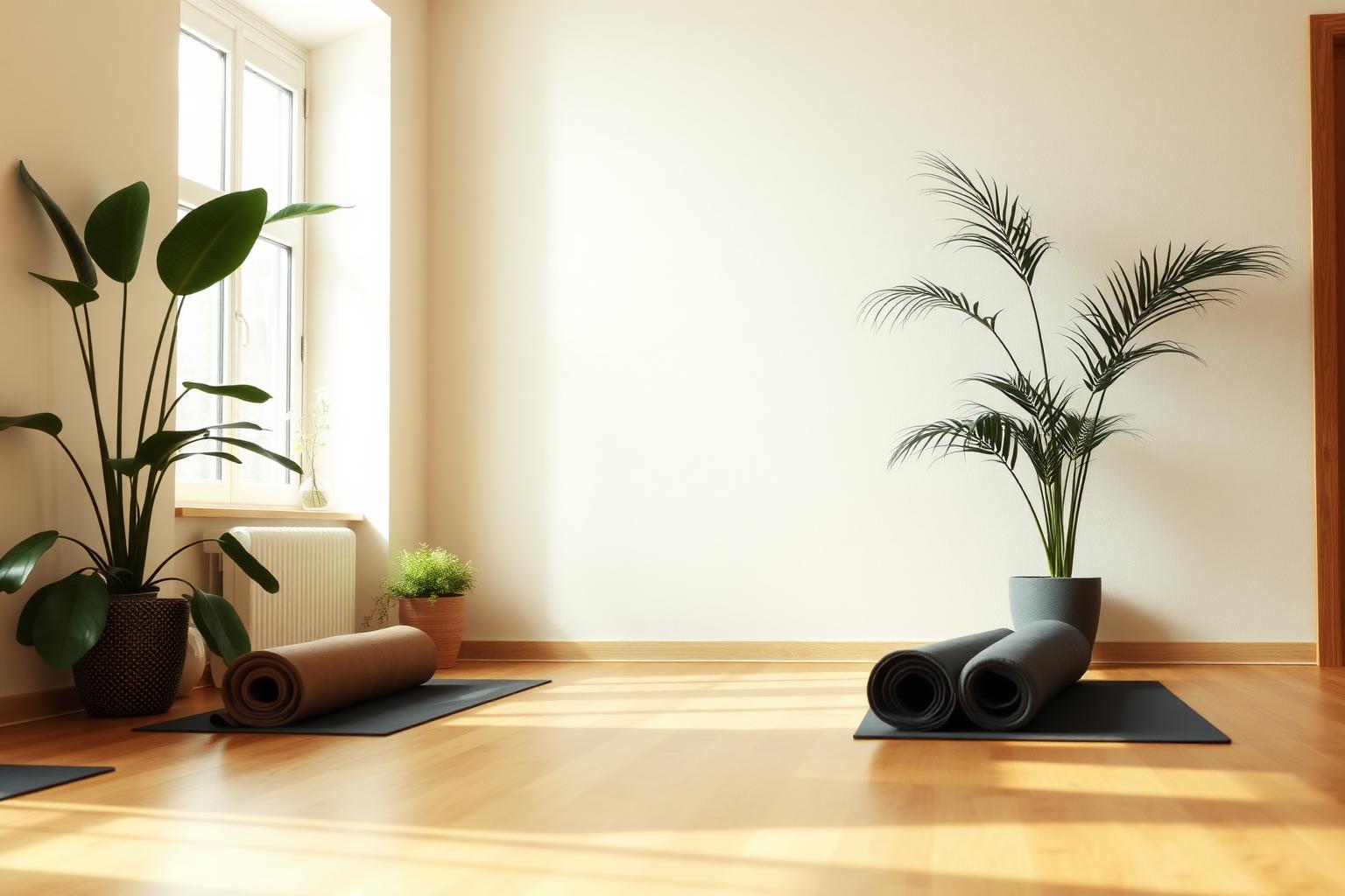 Sunlit yoga studio with mats and plants